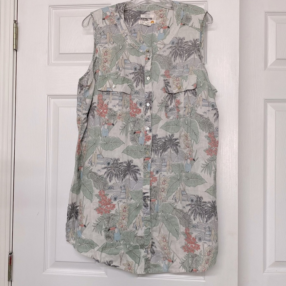Tropical Novelty Print 100% Linen Button Front Top Sz 2X